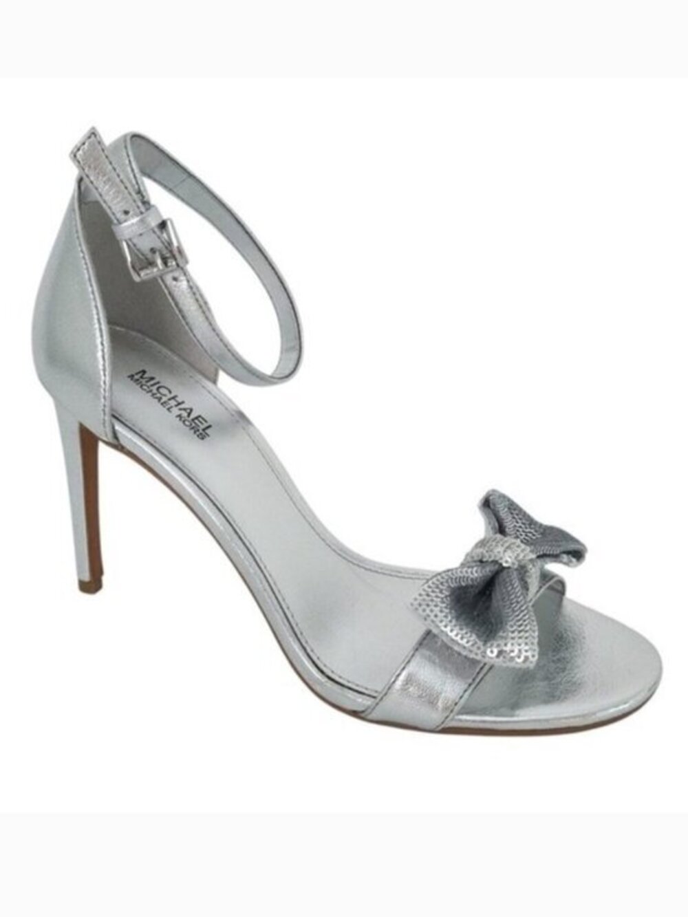 Michael Kors Metallic Silver Sequin Bow Ankle Strap Open-Toe Stiletto Heels- 7
